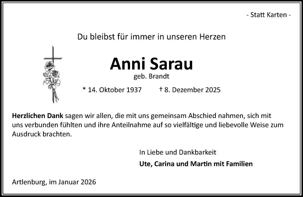  Traueranzeige für Anni Sarau vom 31.01.2026 aus Wochenend Anzeiger