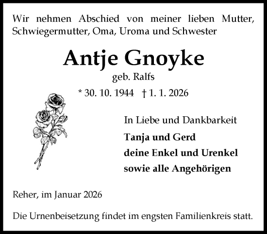 Traueranzeige von Antje Gnoyke von Norddeutsche Rundschau, Wilstersche Zeitung, Glückstädter Fortuna