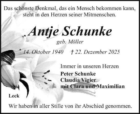 Traueranzeige von Antje Schunke von Husumer Nachrichten, Nordfriesland Tageblatt