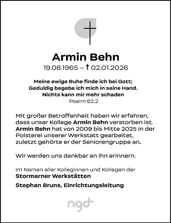 Traueranzeige von Armin Behn von MARKT Glinde/Reinfeld