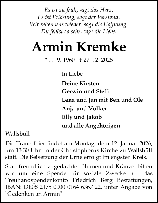 Traueranzeige von Armin Kremke von Flensburger Tageblatt