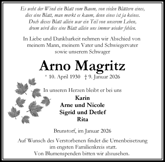 Traueranzeige von Arno Magritz von Wochenend Anzeiger