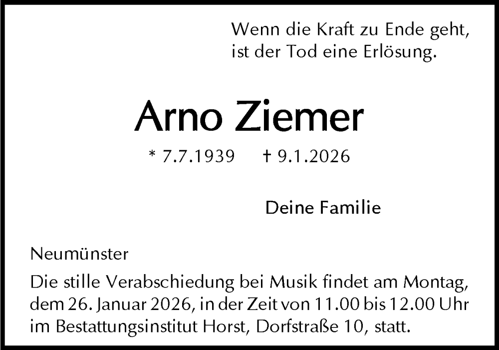  Traueranzeige für Arno Ziemer vom 17.01.2026 aus Holsteinischer Courier