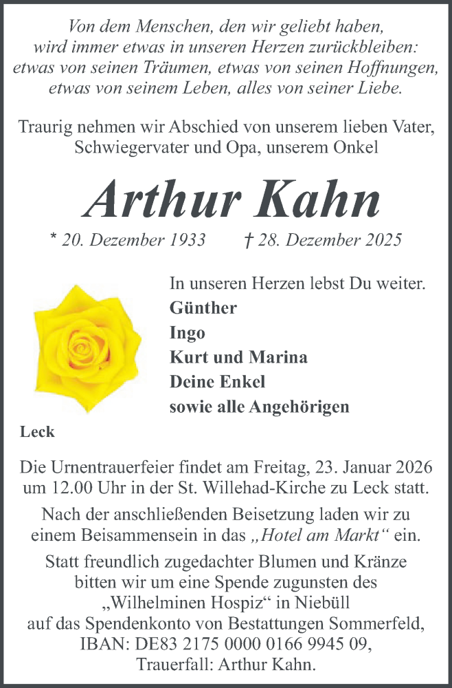  Traueranzeige für Arthur Kahn vom 10.01.2026 aus Husumer Nachrichten, Nordfriesland Tageblatt
