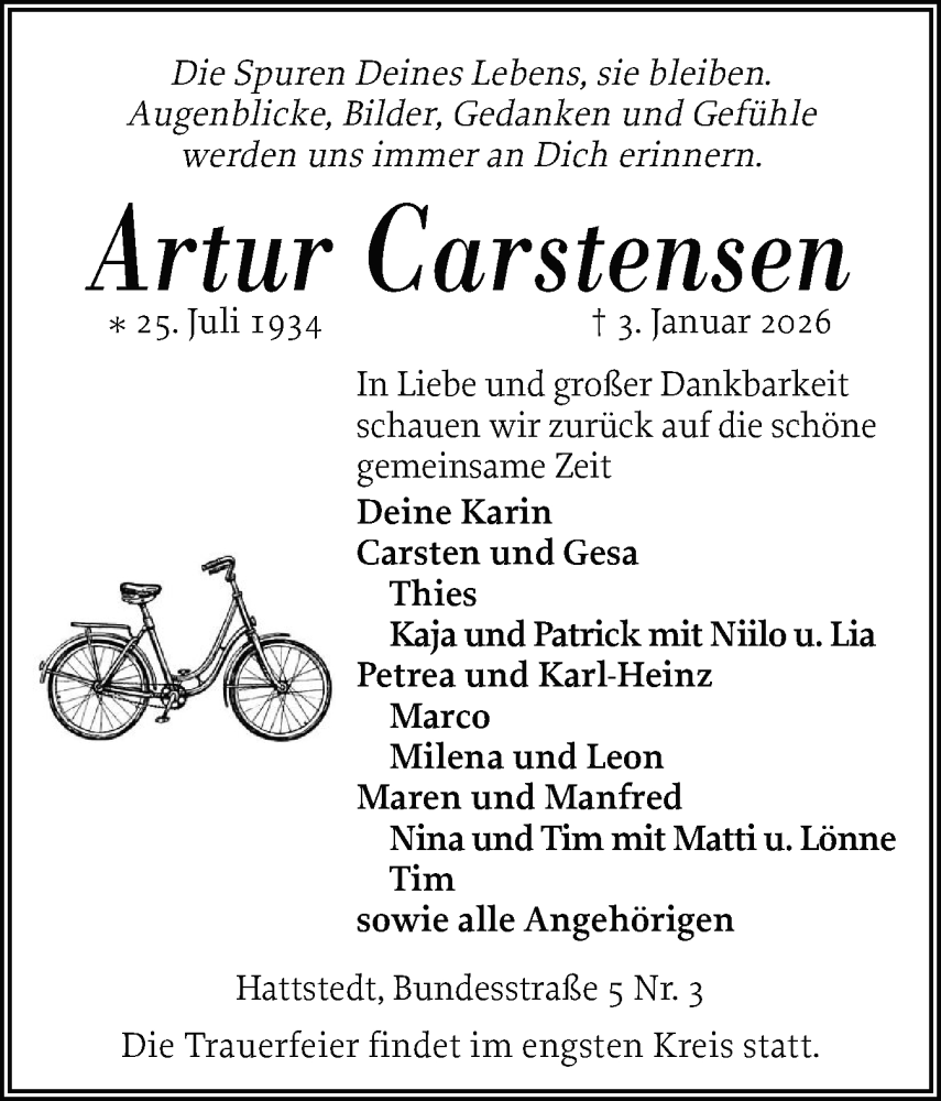 Traueranzeige für Artur Carstensen vom 09.01.2026 aus Husumer Nachrichten, Nordfriesland Tageblatt