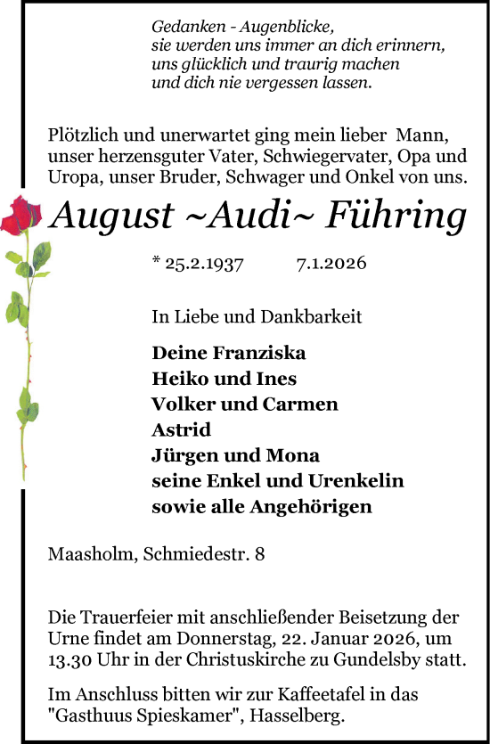 Traueranzeige von August Führing von Schleswiger Nachrichten, Schlei-Bote