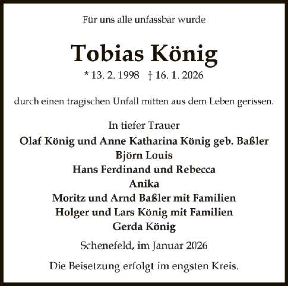  Traueranzeige für Tobias König vom 24.01.2026 aus 