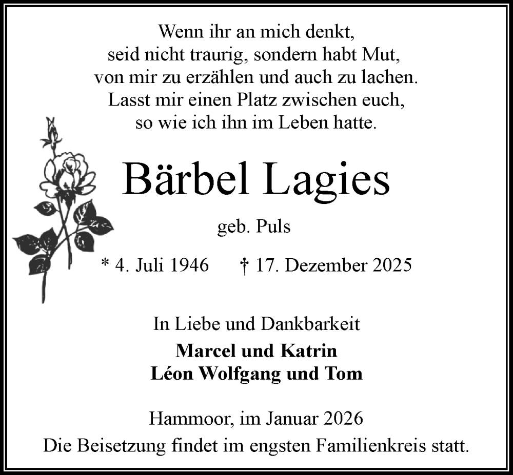  Traueranzeige für Bärbel Lagies vom 03.01.2026 aus MARKT Ahrensburg/Bargteheide/Trittau und Stormarner Tageblatt