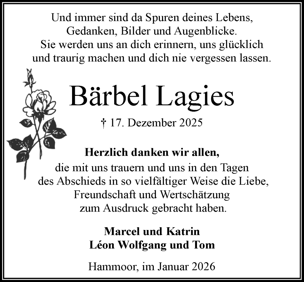  Traueranzeige für Bärbel Lagies vom 24.01.2026 aus MARKT Ahrensburg/Bargteheide/Trittau und Stormarner Tageblatt