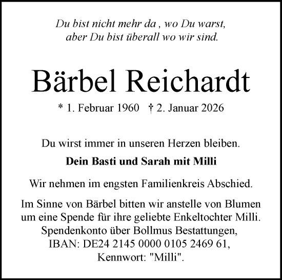 Traueranzeige von Bärbel Reichardt von Schleswig-Holsteinische Landeszeitung