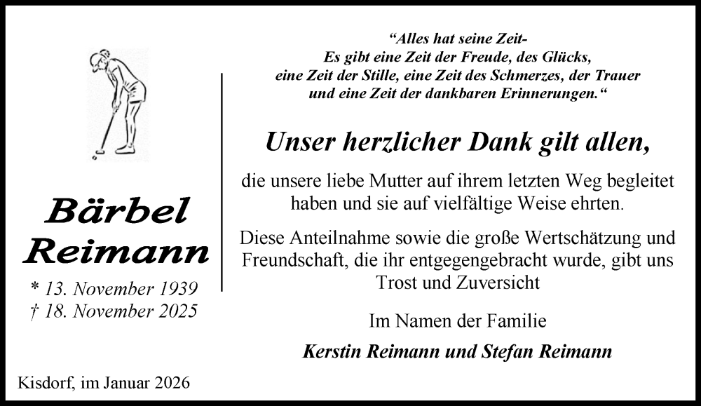  Traueranzeige für Bärbel Reimann vom 17.01.2026 aus Umschau