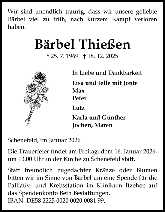 Traueranzeige von Bärbel Thießen von Norddeutsche Rundschau, Wilstersche Zeitung, Glückstädter Fortuna