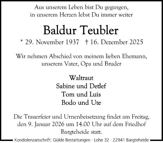 Traueranzeige von Baldur Teubler von MARKT Ahrensburg/Bargteheide/Trittau und Stormarner Tageblatt