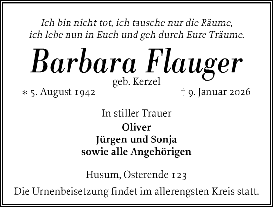 Traueranzeige von Barbara Flauger von Husumer Nachrichten, Nordfriesland Tageblatt