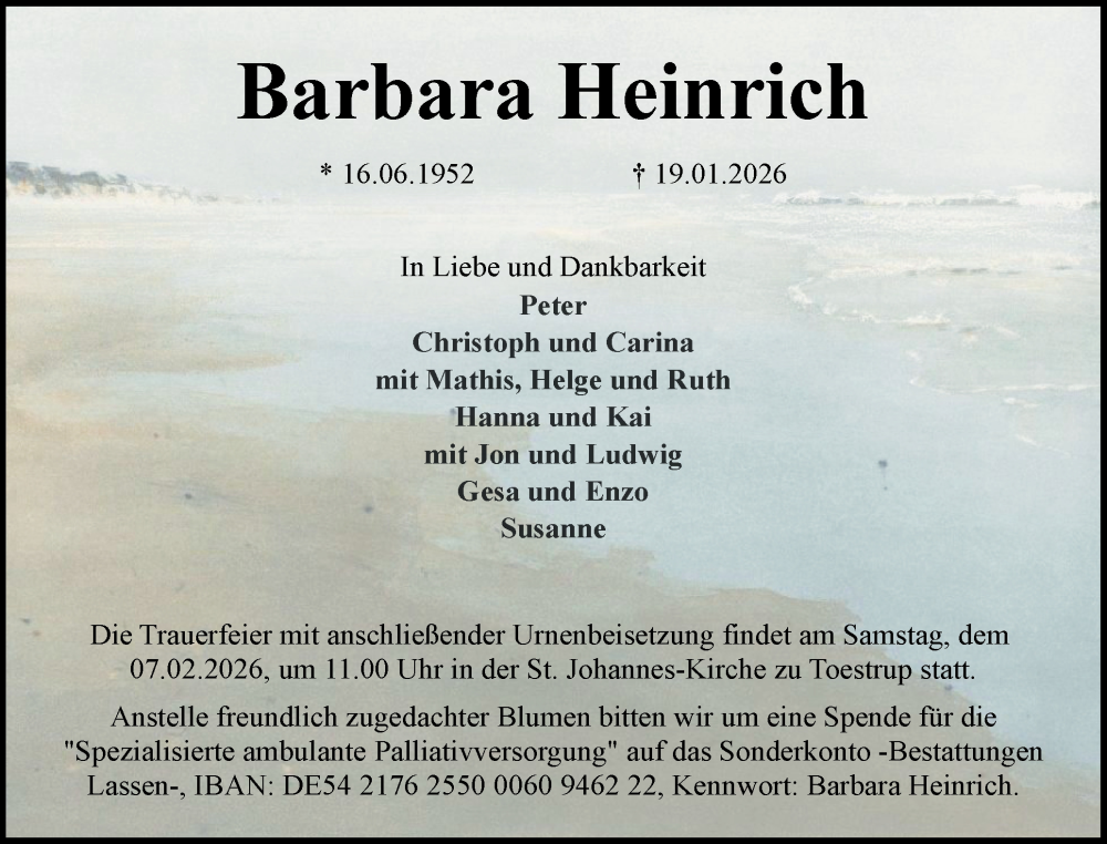  Traueranzeige für Barbara Heinrich vom 31.01.2026 aus Schleswiger Nachrichten, Schlei-Bote