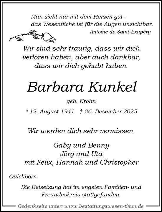 Traueranzeige von Barbara Kunkel von Umschau