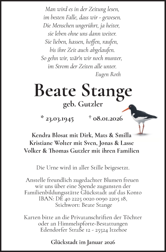 Traueranzeige von Beate Stange von Norddeutsche Rundschau, Wilstersche Zeitung, Glückstädter Fortuna