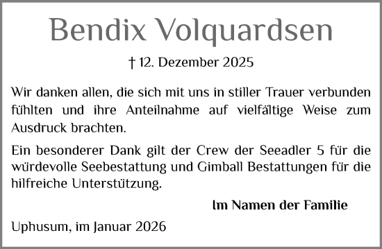 Traueranzeige von Bendix Volquardsen von Husumer Nachrichten, Nordfriesland Tageblatt