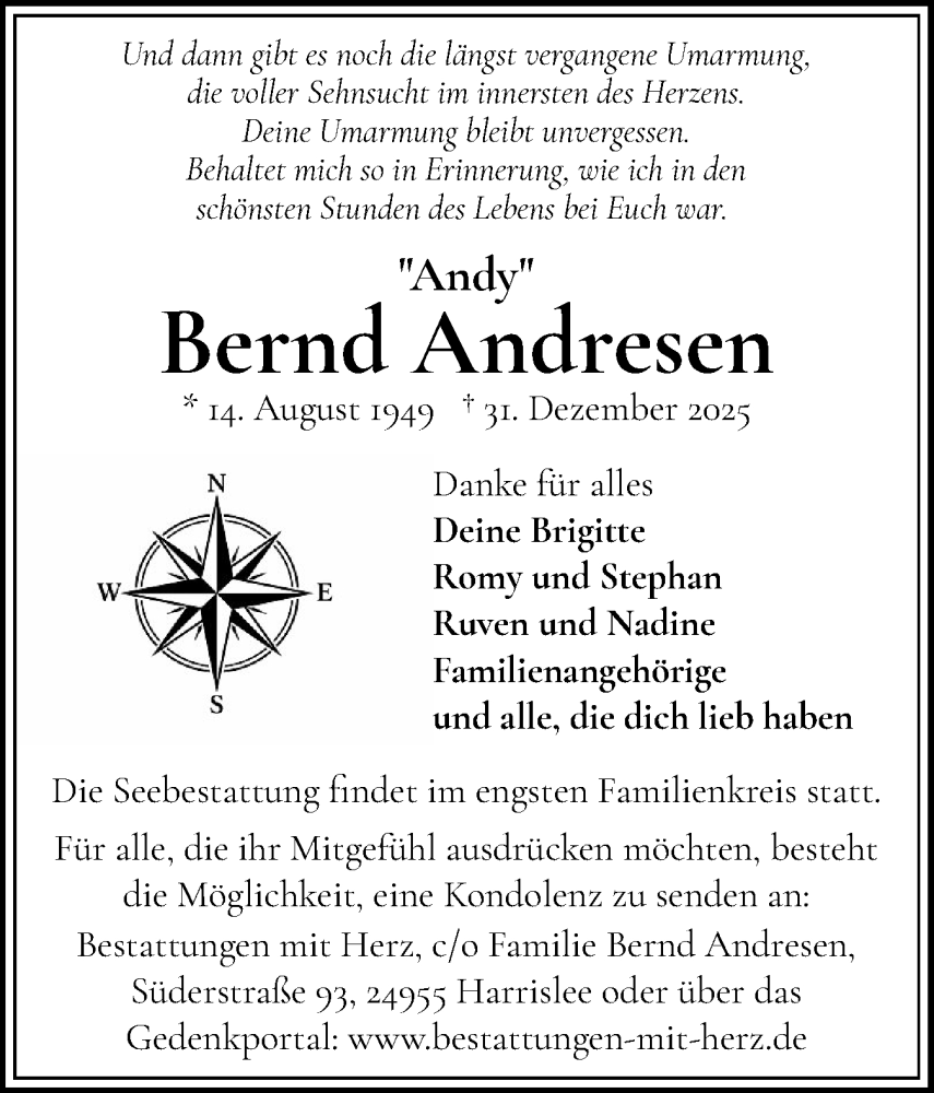  Traueranzeige für Bernd Andresen vom 10.01.2026 aus Flensburger Tageblatt
