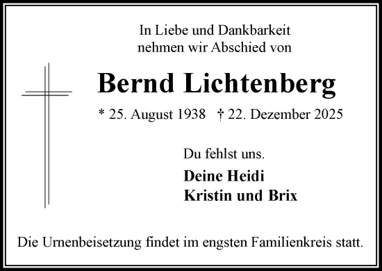 Traueranzeige von Bernd Lichtenberg von MARKT Bad Oldesloe/Reinfeld und Stormarner Tageblatt