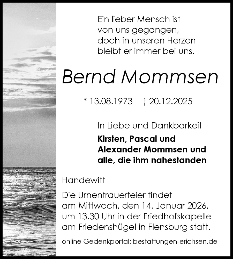  Traueranzeige für Bernd Mommsen vom 03.01.2026 aus Flensburger Tageblatt