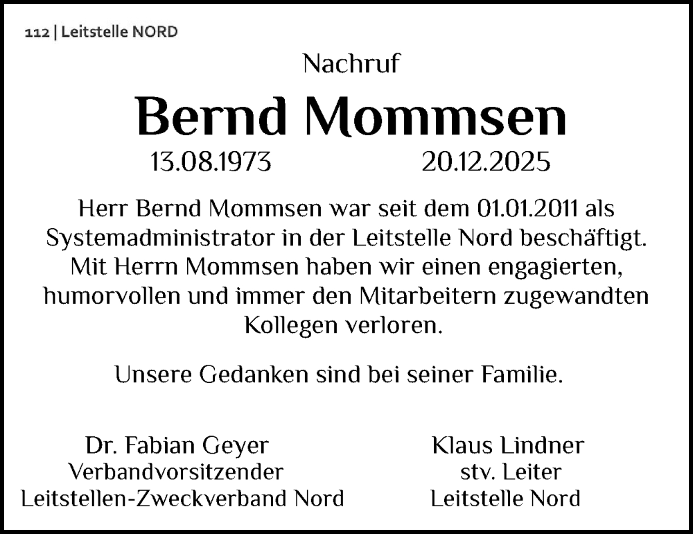 Traueranzeige für Bernd Mommsen vom 03.01.2026 aus Region Flensburg