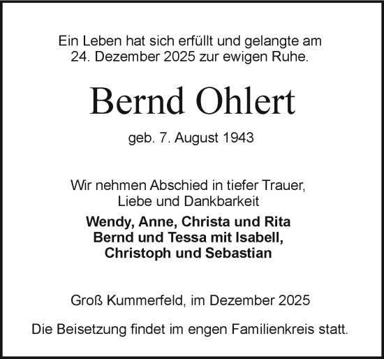 Traueranzeige von Bernd Ohlert von Holsteinischer Courier
