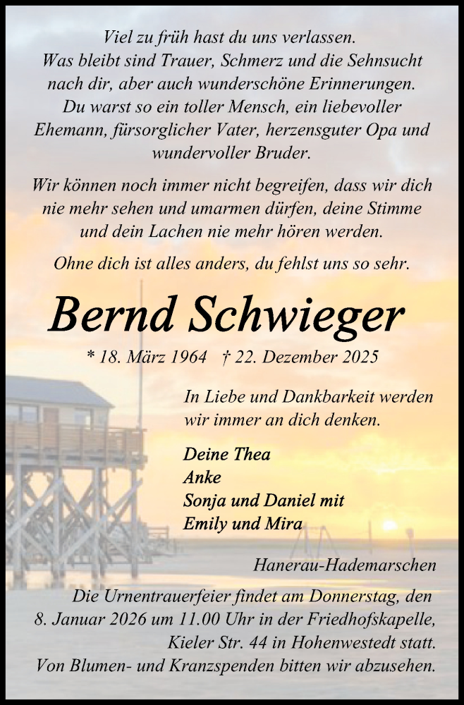  Traueranzeige für Bernd Schwieger vom 03.01.2026 aus Schleswig-Holsteinische Landeszeitung