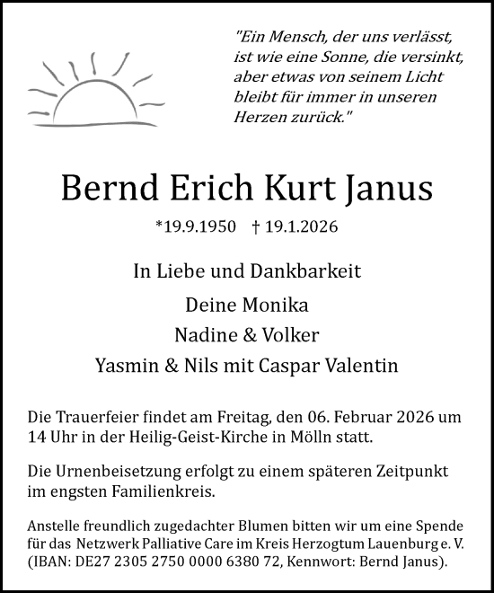 Traueranzeige von Bernd Erich Kurt Janus von MARKT Ratzeburg/Mölln
