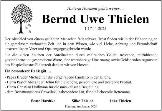 Traueranzeige von Bernd Uwe Thielen von Husumer Nachrichten, Nordfriesland Tageblatt