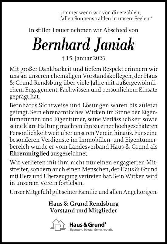 Traueranzeige von Bernhard Janiak von Schleswig-Holsteinische Landeszeitung