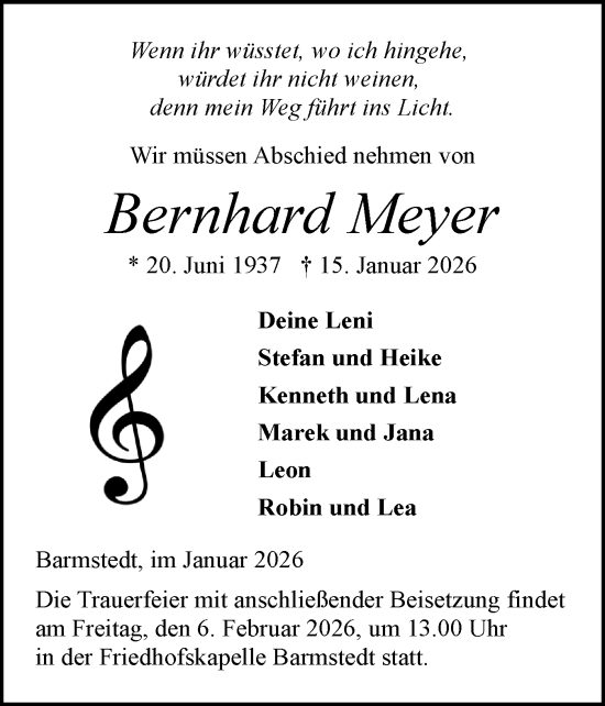 Traueranzeige von Bernhard Meyer von Elmshorner Nachrichten, Barmstedter Zeitung
