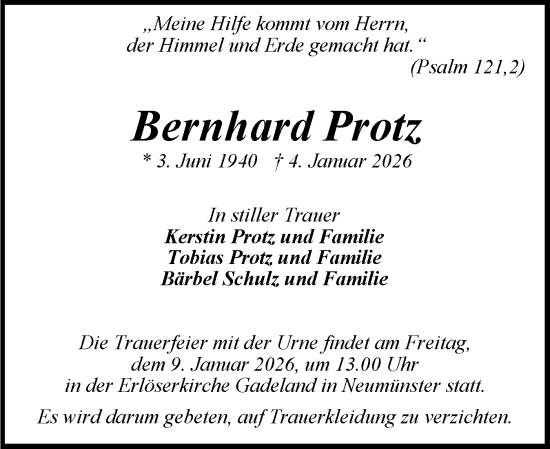 Traueranzeige von Bernhard Protz von Holsteinischer Courier