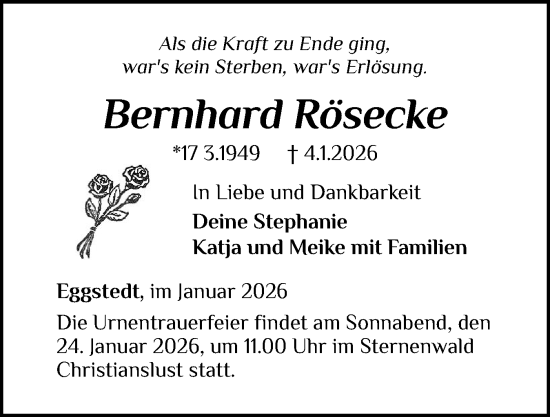 Traueranzeige von Bernhard Rösecke von Norddeutsche Rundschau, Wilstersche Zeitung, Glückstädter Fortuna