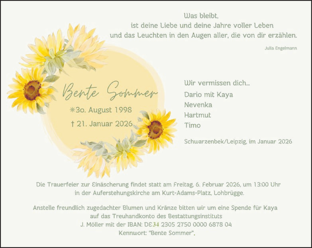  Traueranzeige für Berte Sommer vom 31.01.2026 aus Wochenend Anzeiger