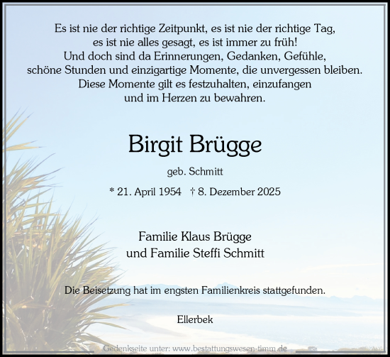 Traueranzeige von Birgit Brügge von Region Pinneberg und tip Pinneberg