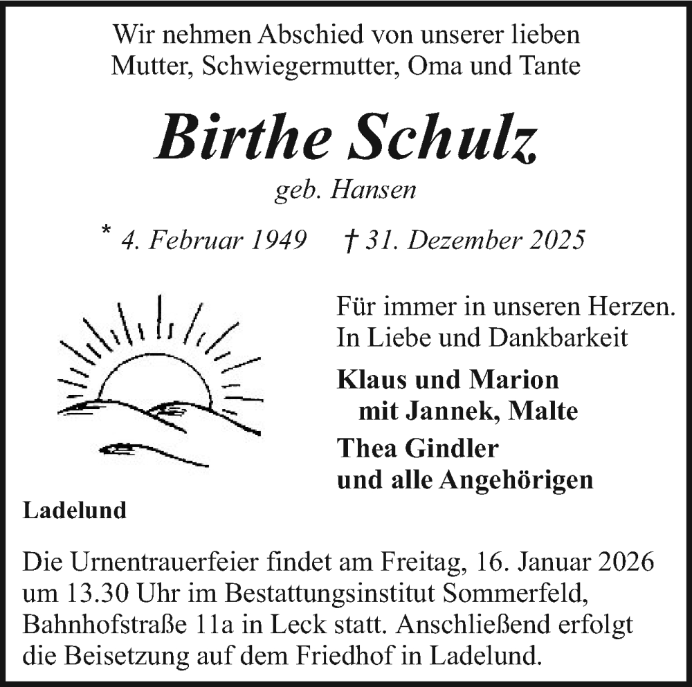  Traueranzeige für Birthe Schulz vom 10.01.2026 aus Husumer Nachrichten, Nordfriesland Tageblatt