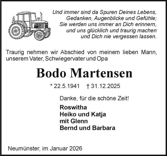 Traueranzeige von Bodo Martensen von Holsteinischer Courier