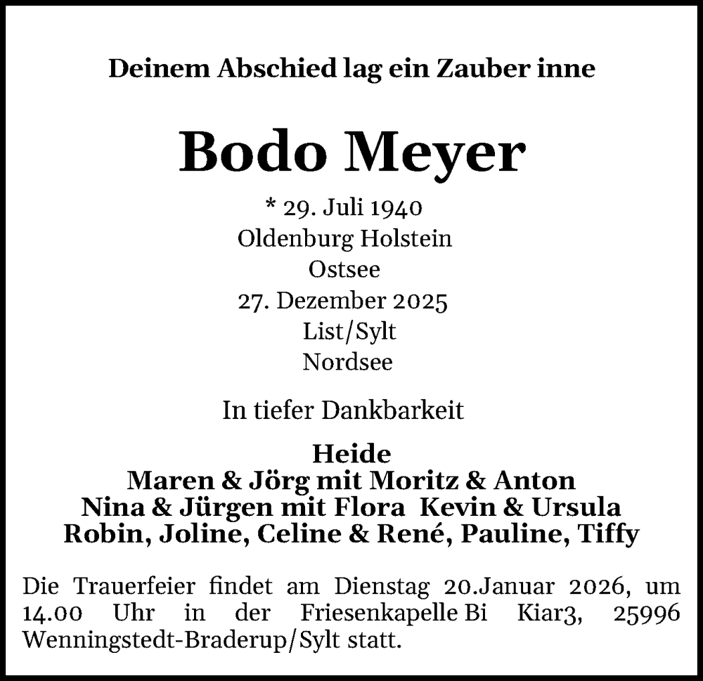  Traueranzeige für Bodo Meyer vom 10.01.2026 aus Sylter Rundschau