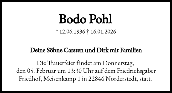 Traueranzeige von Bodo Pohl von Heimatspiegel