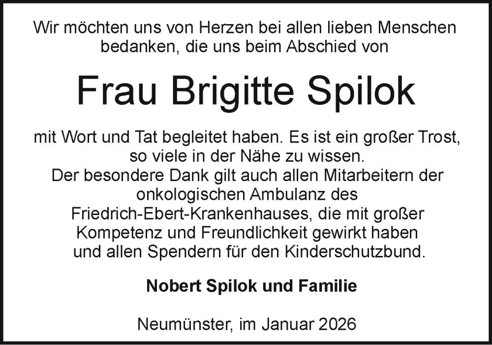  Traueranzeige für Brigitte Spilok vom 10.01.2026 aus Holsteinischer Courier