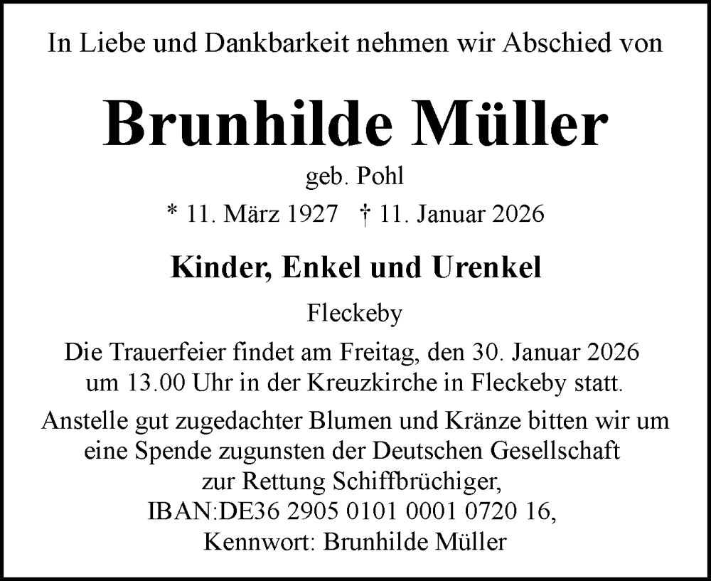  Traueranzeige für Brunhilde Müller vom 24.01.2026 aus Eckernförder Zeitung, Hallo Eckernförde