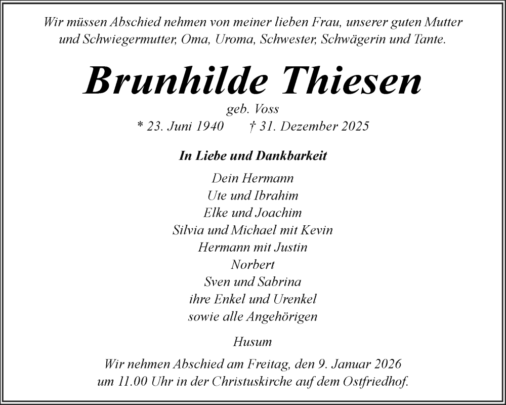  Traueranzeige für Brunhilde Thiesen vom 06.01.2026 aus Husumer Nachrichten, Nordfriesland Tageblatt