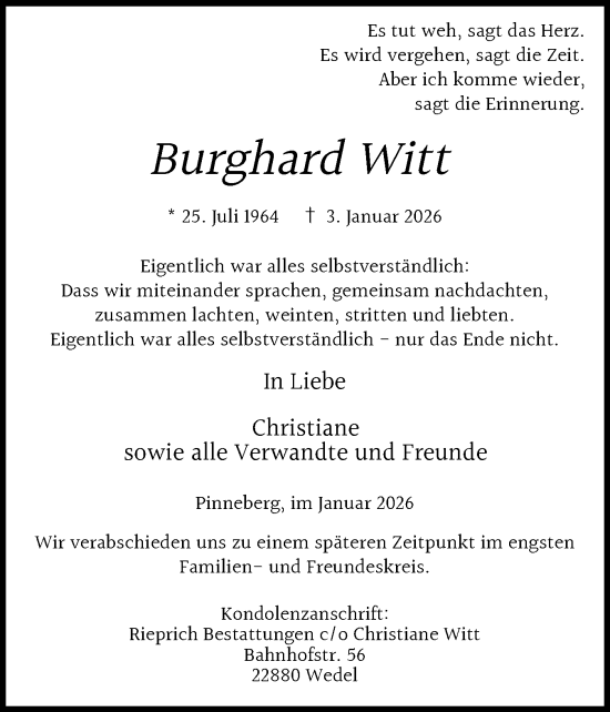 Traueranzeige von Burghard Witt von Region Pinneberg und tip Pinneberg