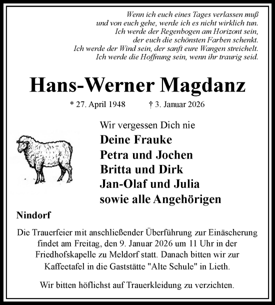 Traueranzeige von Hans-Werner Magdanz von Husumer Nachrichten, Nordfriesland Tageblatt