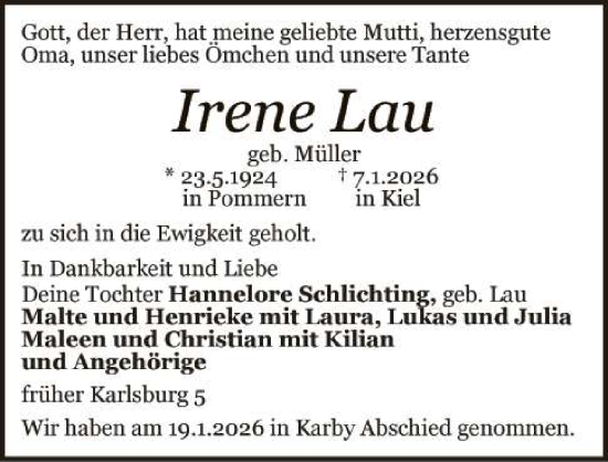 Traueranzeige von Irene Lau 