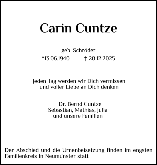 Traueranzeige von Carin Cuntze von Holsteinischer Courier