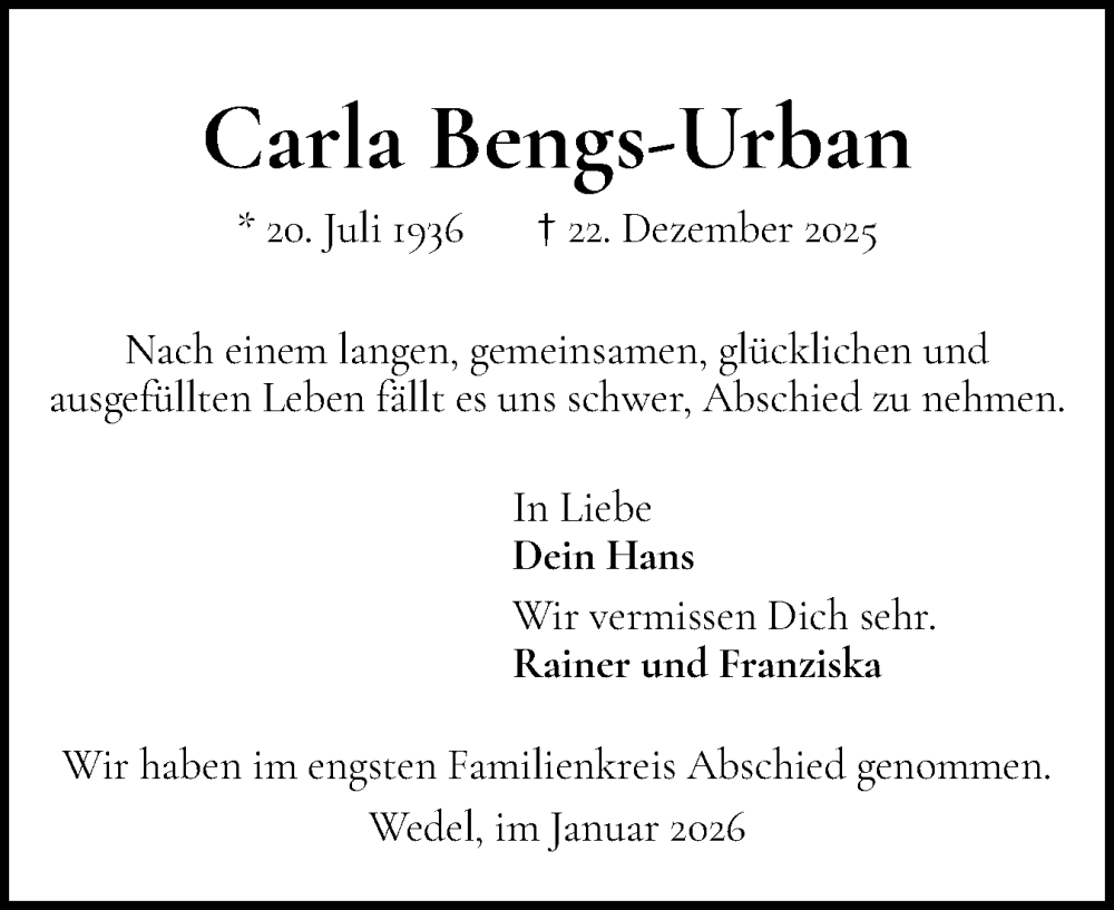  Traueranzeige für Carla Bengs-Urban vom 17.01.2026 aus Wedel-Schulauer Tageblatt, tip Wedel-Schulauer Tageblatt, tip Rissener Rundschau