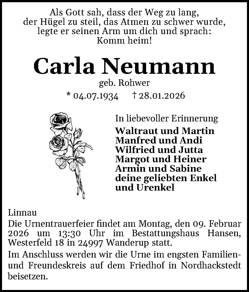  Traueranzeige für Carla Neumann vom 31.01.2026 aus Region Flensburg