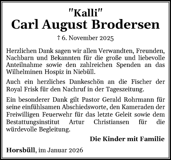 Traueranzeige von Carl August Brodersen von Husumer Nachrichten, Nordfriesland Tageblatt